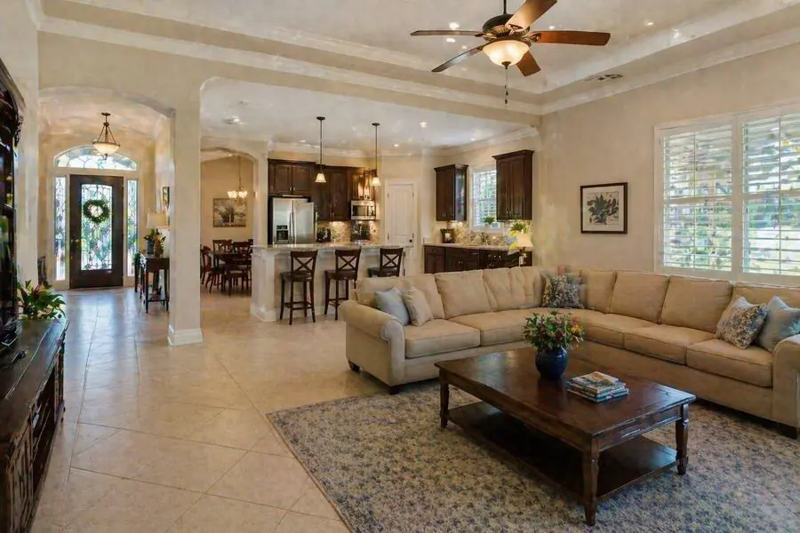 Residential living room and open kitchen interior
